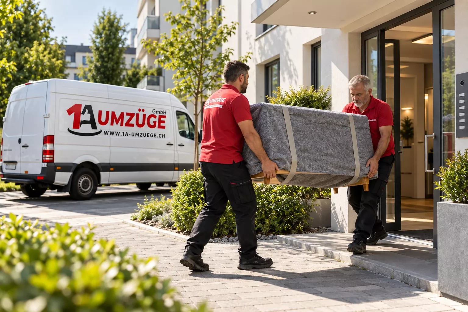 Zwei Umzugshelfer tragen ein geschütztes Möbelstück vor einem 1A Umzüge Fahrzeug