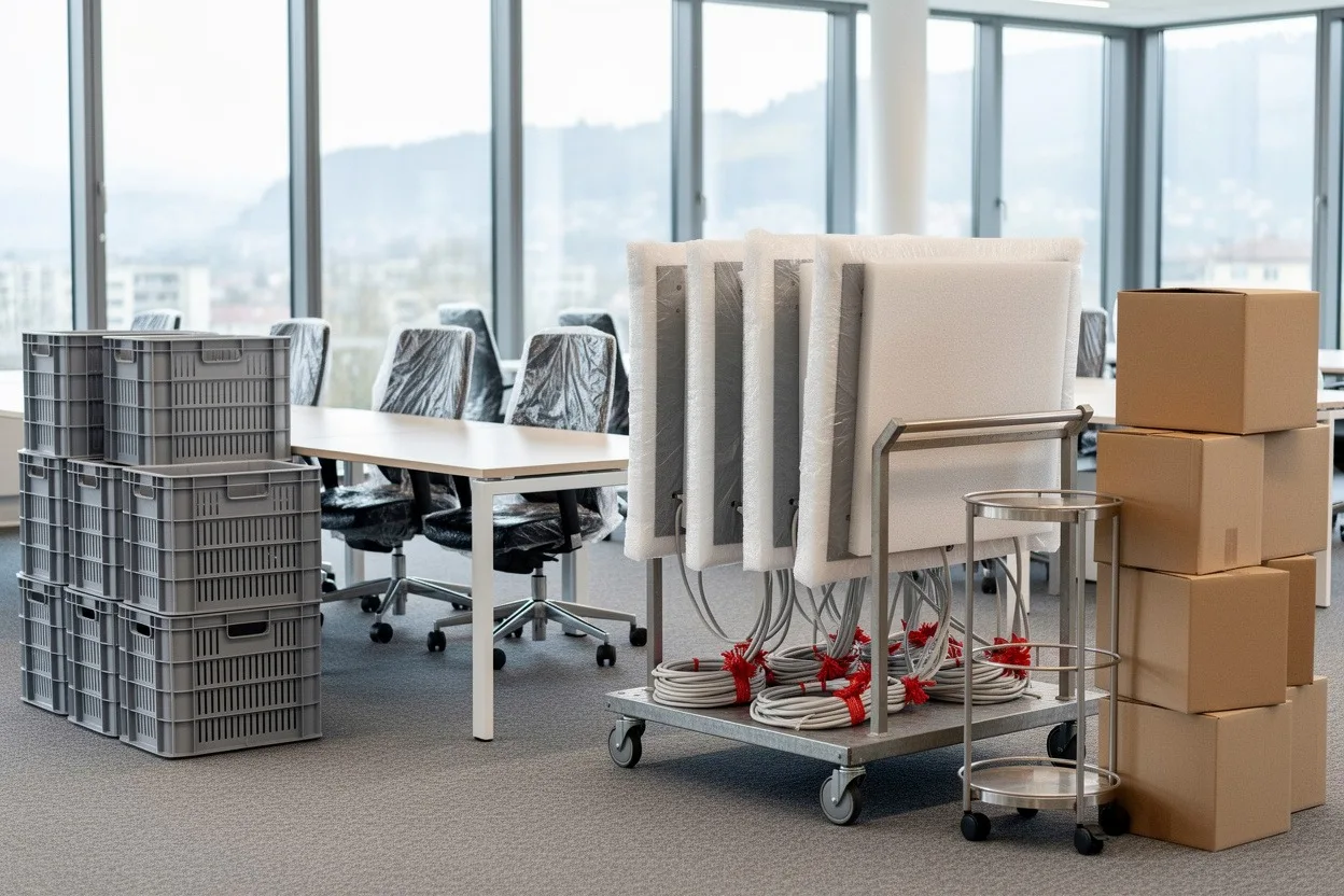 Für den Umzug vorbereitete Büroausstattung: geschützte Monitore, Transportboxen und Kartons