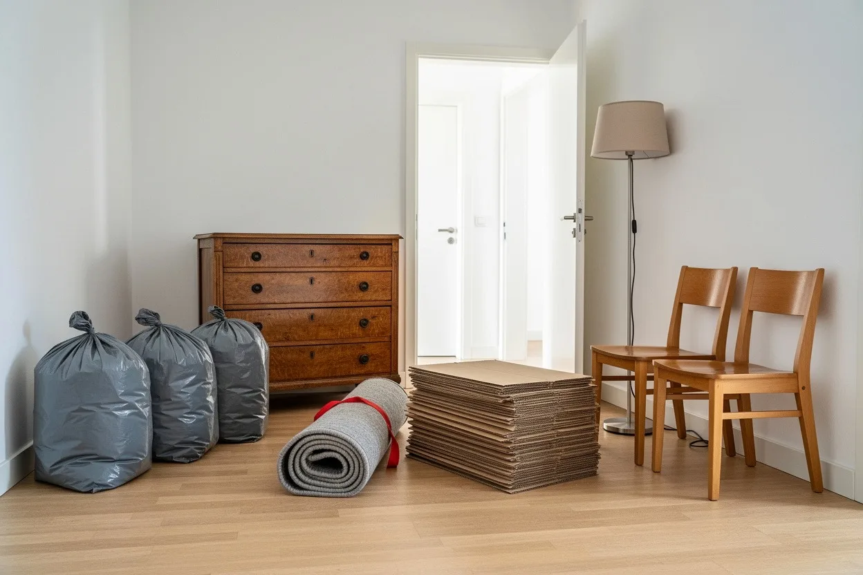 Zur Räumung bereitgestellte Gegenstände: Kommode, Stühle, Teppich, Karton und Müllssäcke in einer Wohnung
