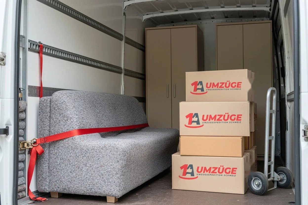 Gesicherte Ladung im Lieferwagen: Sofa mit Spanngurt, Umzugskartons und Sackkarre