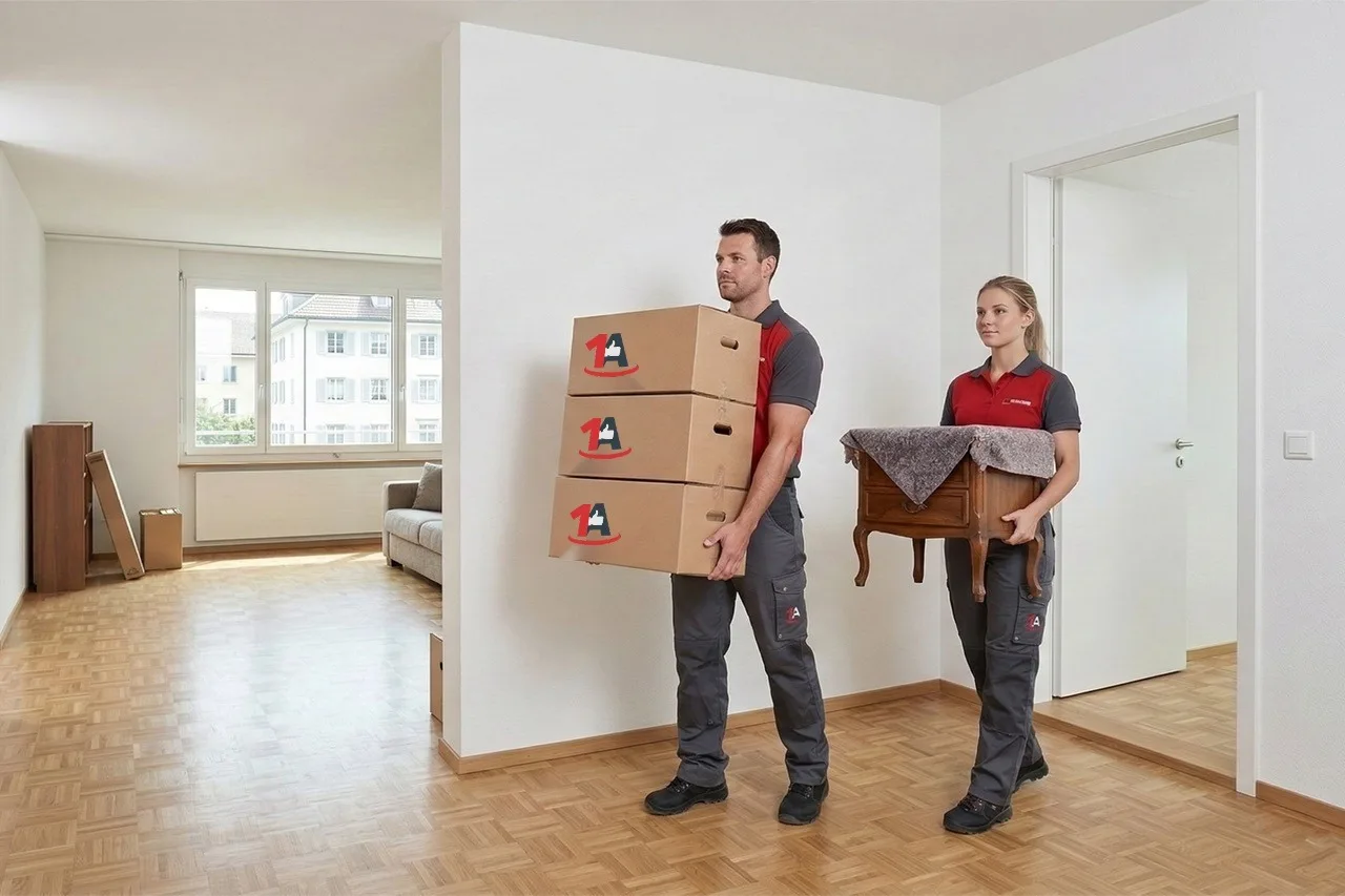 Zwei Personen in roter Arbeitskleidung tragen Umzugskartons und eine Kommode durch eine helle Wohnung